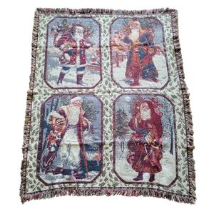 Vintage Christmas Santa Claus Tapestry Blanket Throw Postcard Classic Woven EUC